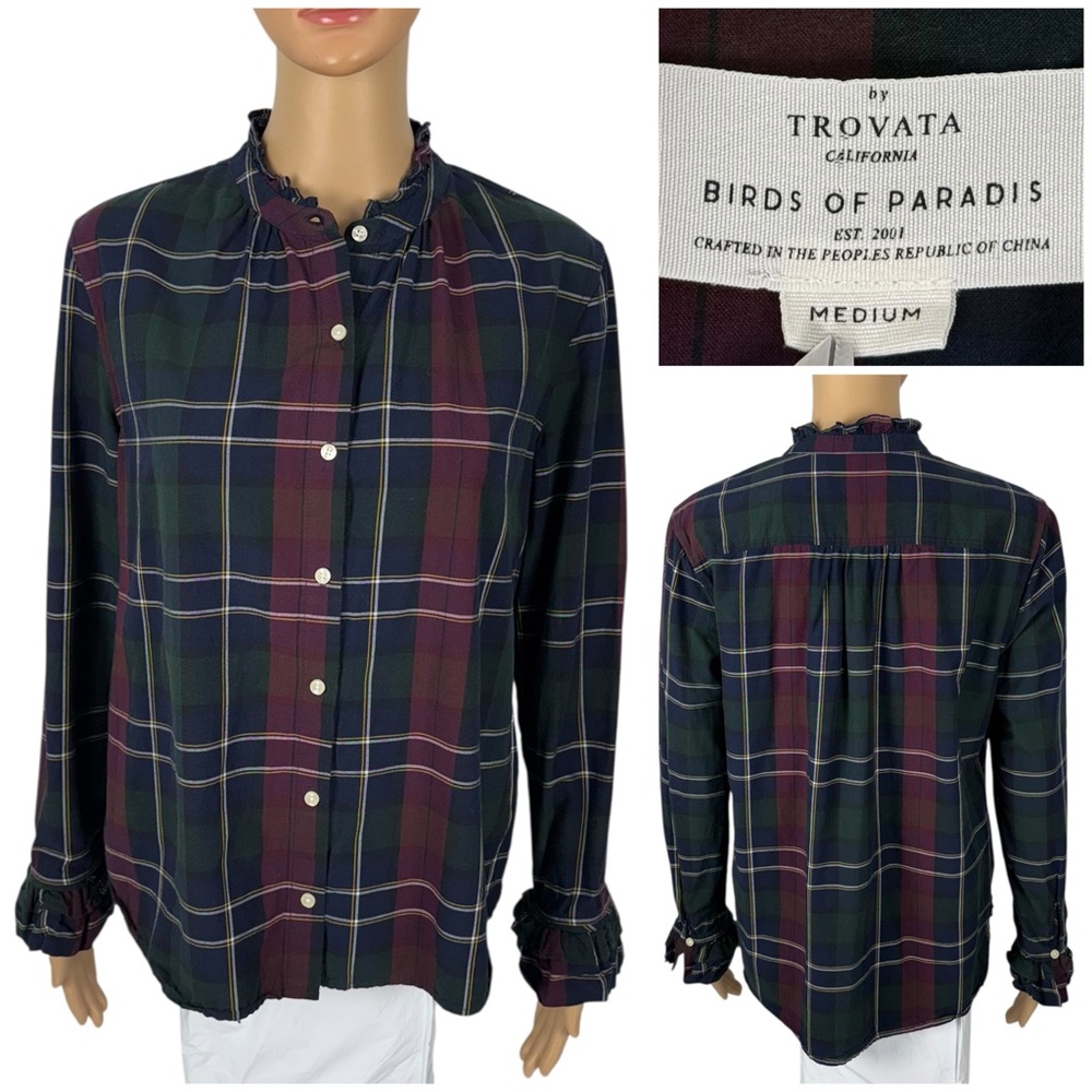 Trovata Birds of Paradis Womens Medium Button Long Sleeve Plaid Blue Green EUC